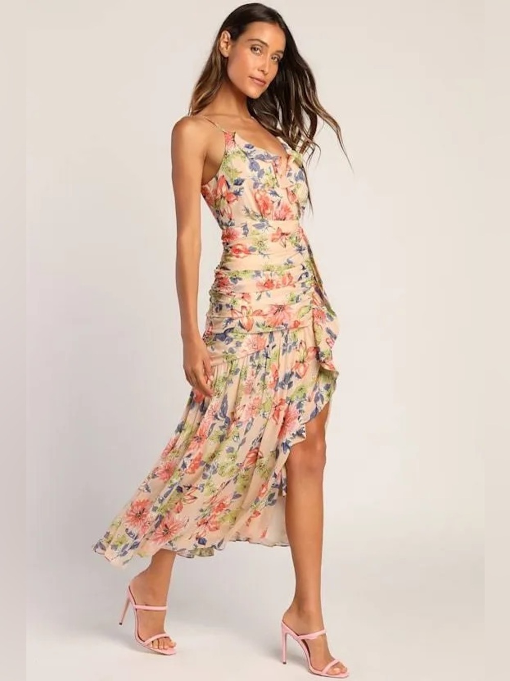 Lulus Floral Ruched Stunning Soirée Midi Wedding Guest Dress